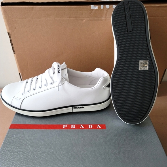 Brand new men PRADA white sneakers in genuine lather with black trim and logo - Picture 8 of 11